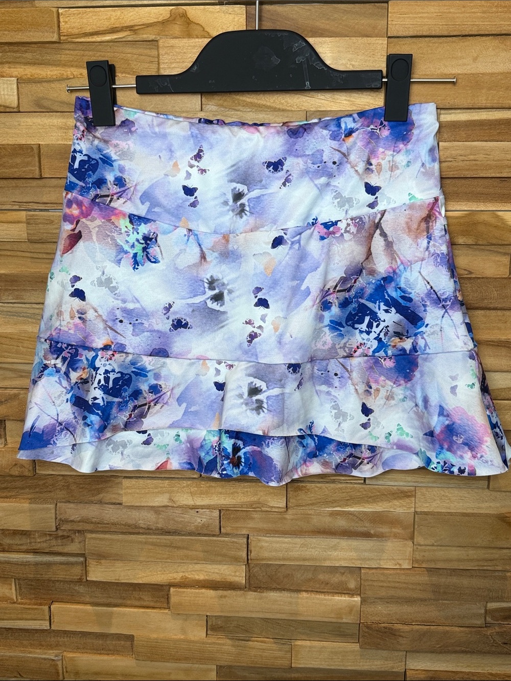 Denise Cornwall Skort Floral Watercolor Ruffle Mini Skirt - White & Purple